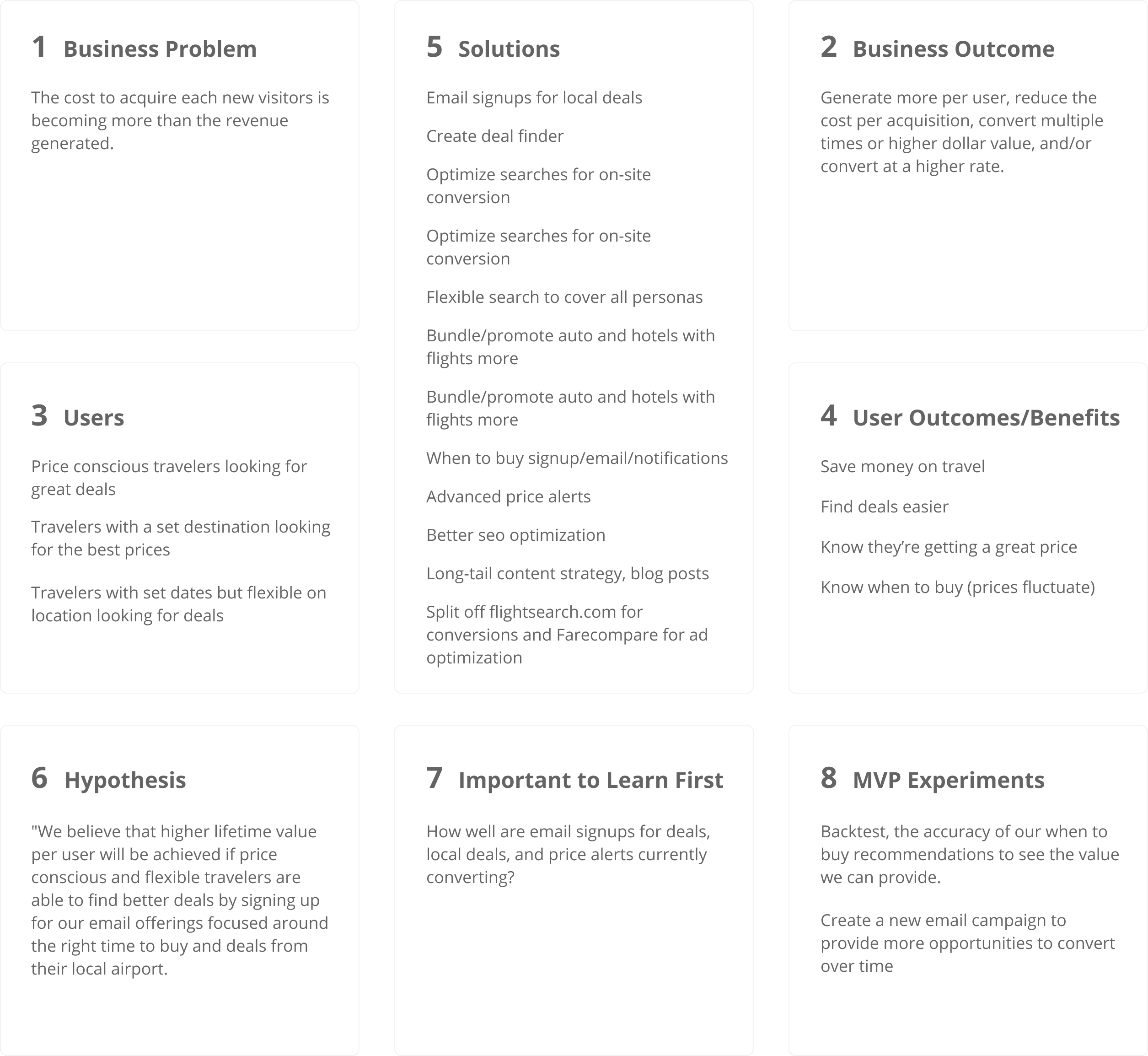 lean ux canvas of problem and potential experiments